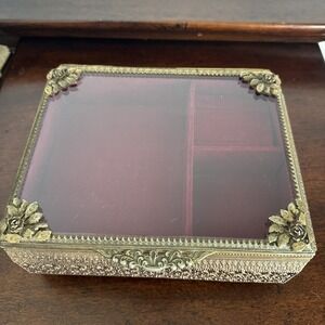 9"x7"x3" Vintage Large Footed Jewelry Display Box Filigree Brass